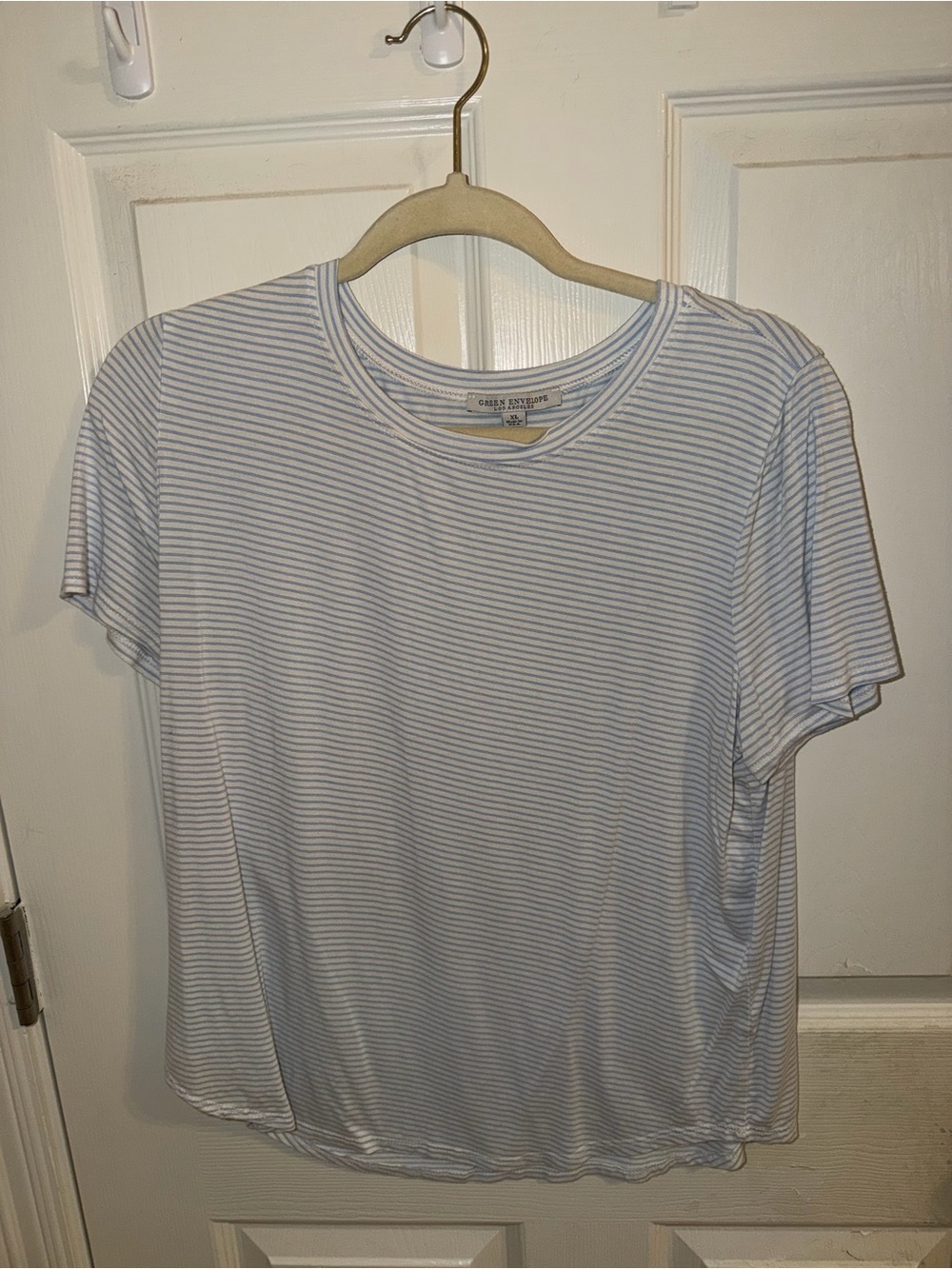 Green Envelope Light Blue and White Striped Short Sleeve Tee